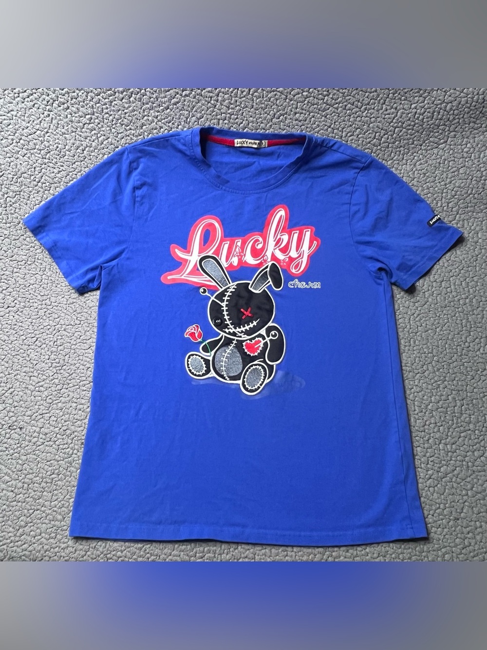Lucky Charm Girls Blue Bunny Graphic Print Crew Neck T Shirt Size Small